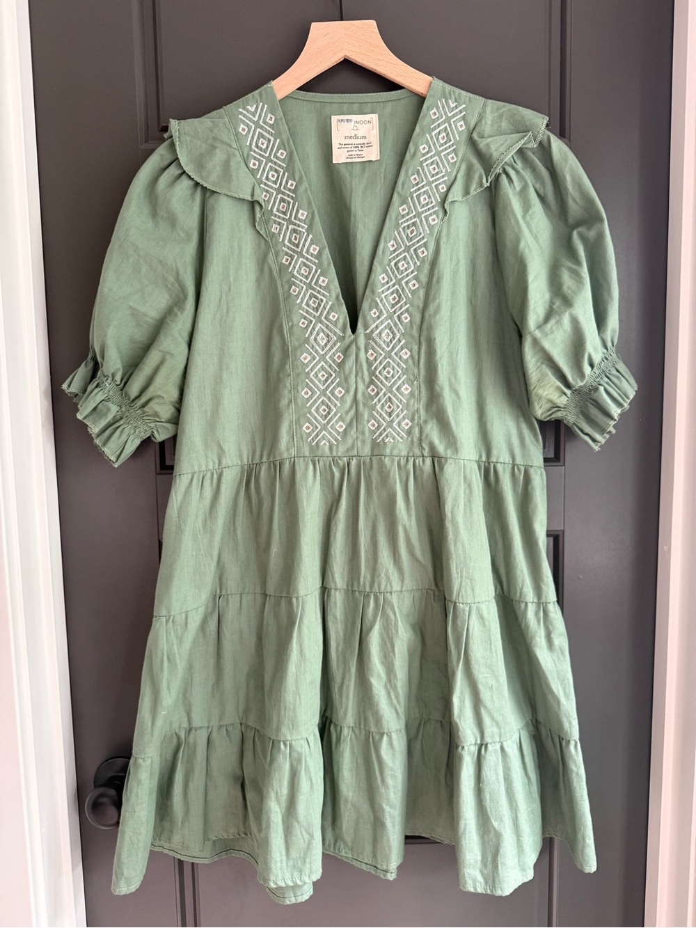 Afternoon for Anthropologie Green Embroidered Tiered Dress